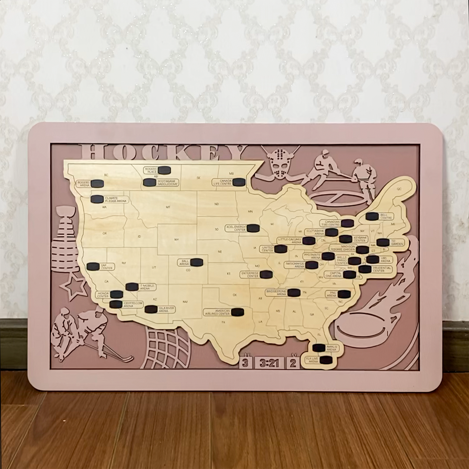 Hockey Arenas Wood Map Tracker, Hockey Gift, Gift For Hockey Fan