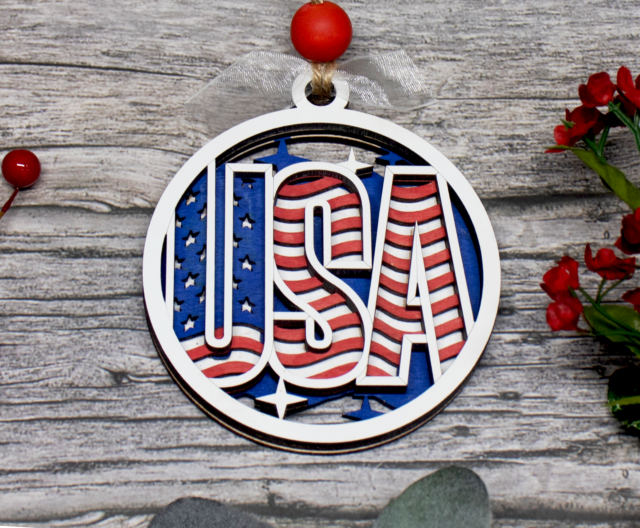 USA Ornament, America Christmas Ornament, Patriotic Gifts, 3-Layer Wooden Ornament