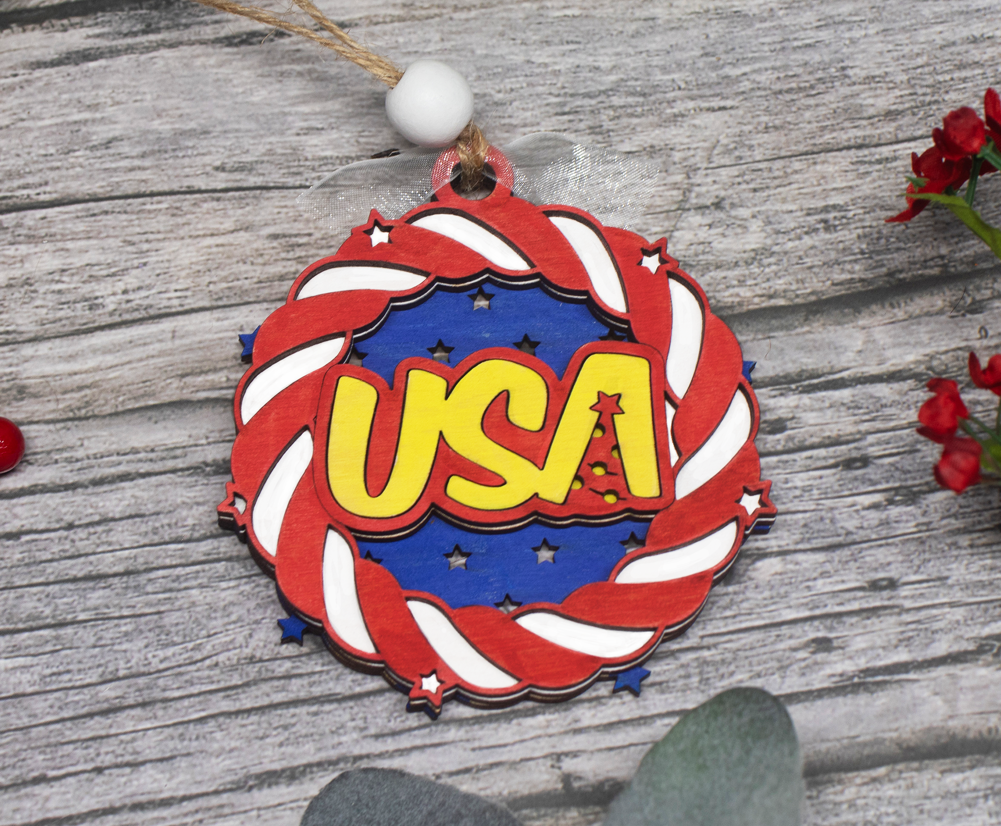 USA Ornament, America Patriots Christmas Ornament, Patriotic Ornament, 3-Layer Wooden Ornament