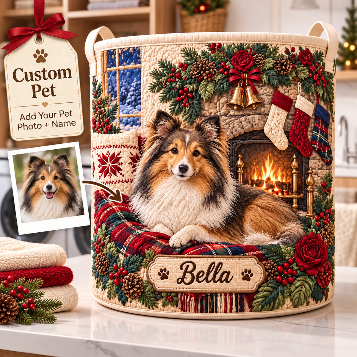 Custom Christmas Collie Fireplace Laundry Basket, Laundry Hamper, Gift For Dog Lovers