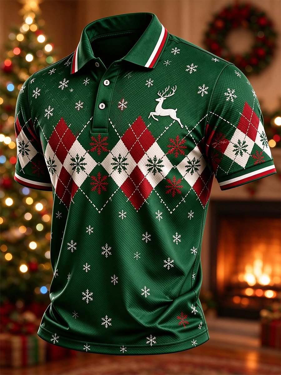 Reindeer Argyle Snowflake Christmas Polo Shirt for Men