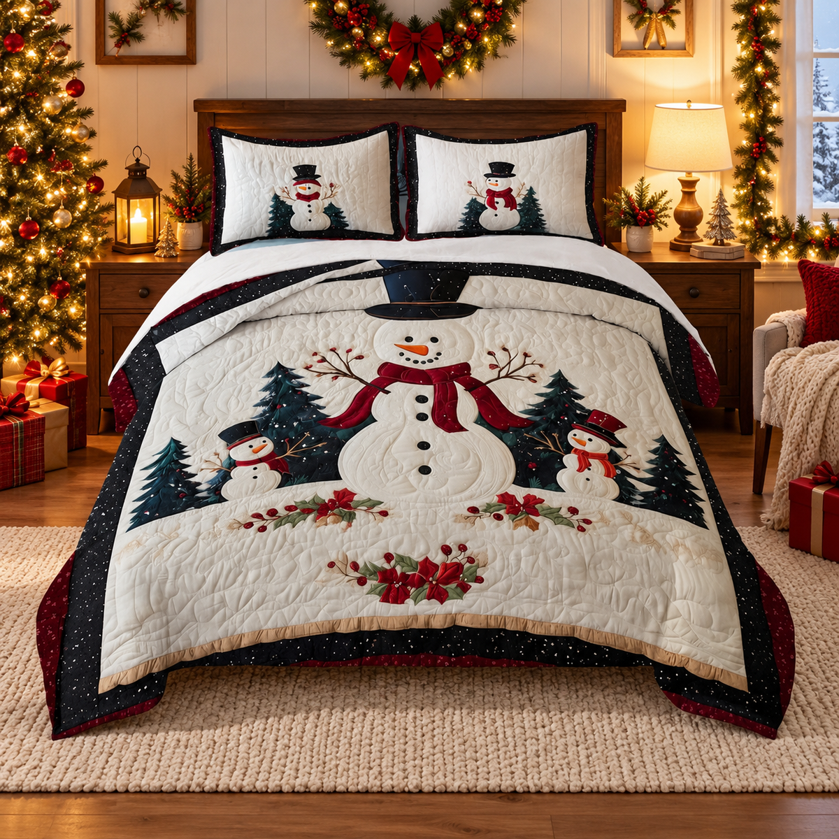 Polar Bear Christmas Quilted Bedding Set, Christmas Bedroom Decor, Housewarming Gift