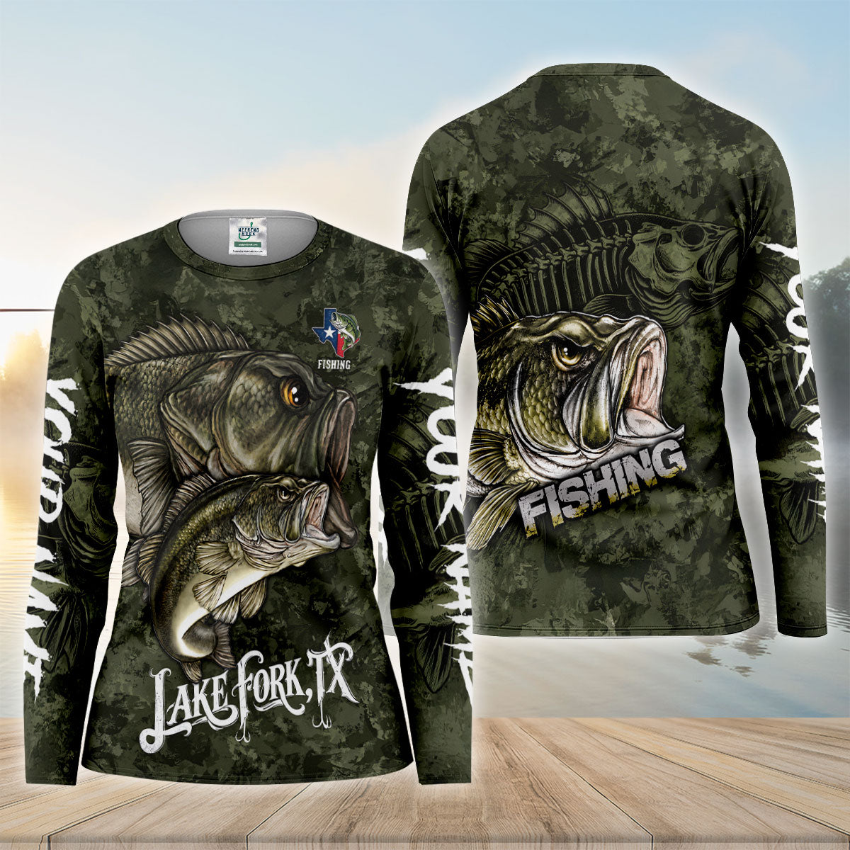 Lake Fork Texas Double Bass Camo UPF Shirt, Performance Fishing Shirt, Womens Fishing Apparel