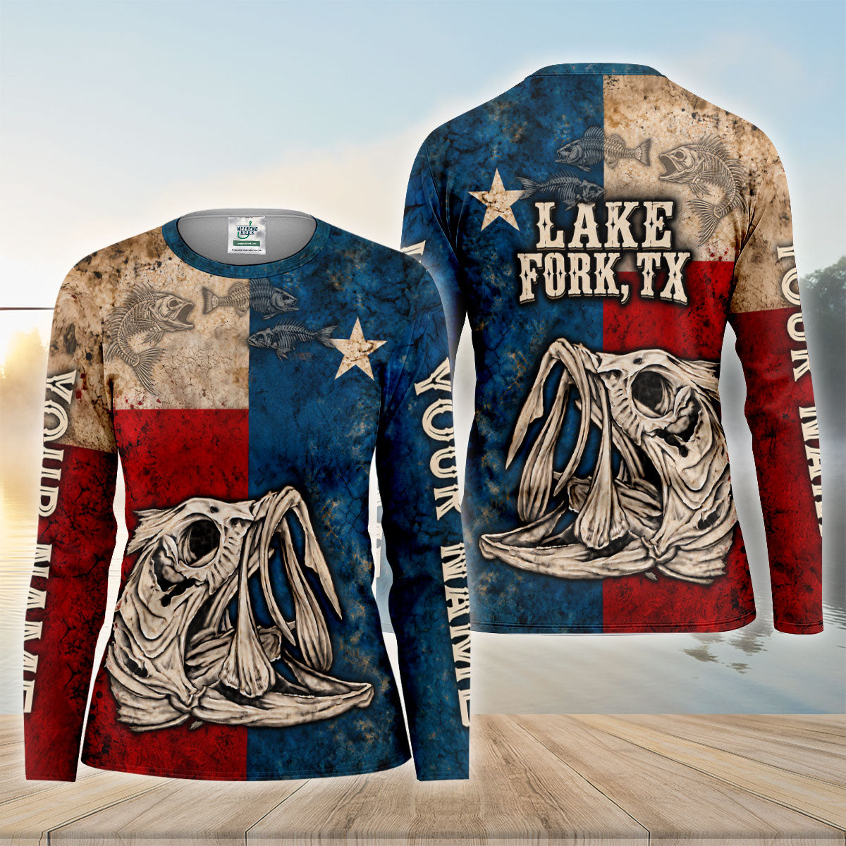 Lake Fork Texas Fish Skeleton Custom UPF Shirt, Fishing Sun Shirt, Womens Fishing Apparel