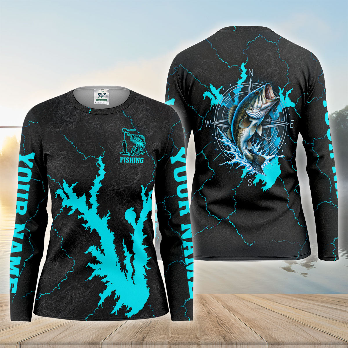Lake Fork Texas Map Bass Compass Custom UPF Shirt, Fishing Jersey, Womens Fishing Tee