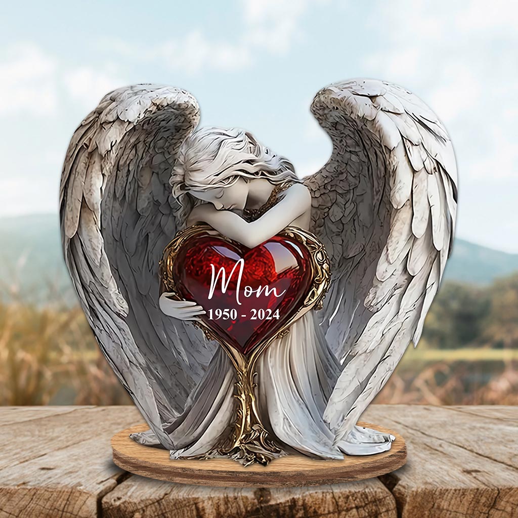 On Angels Wings Personalized Memorial Freestanding Wood Plaque, Gift For Loss Of Loved One