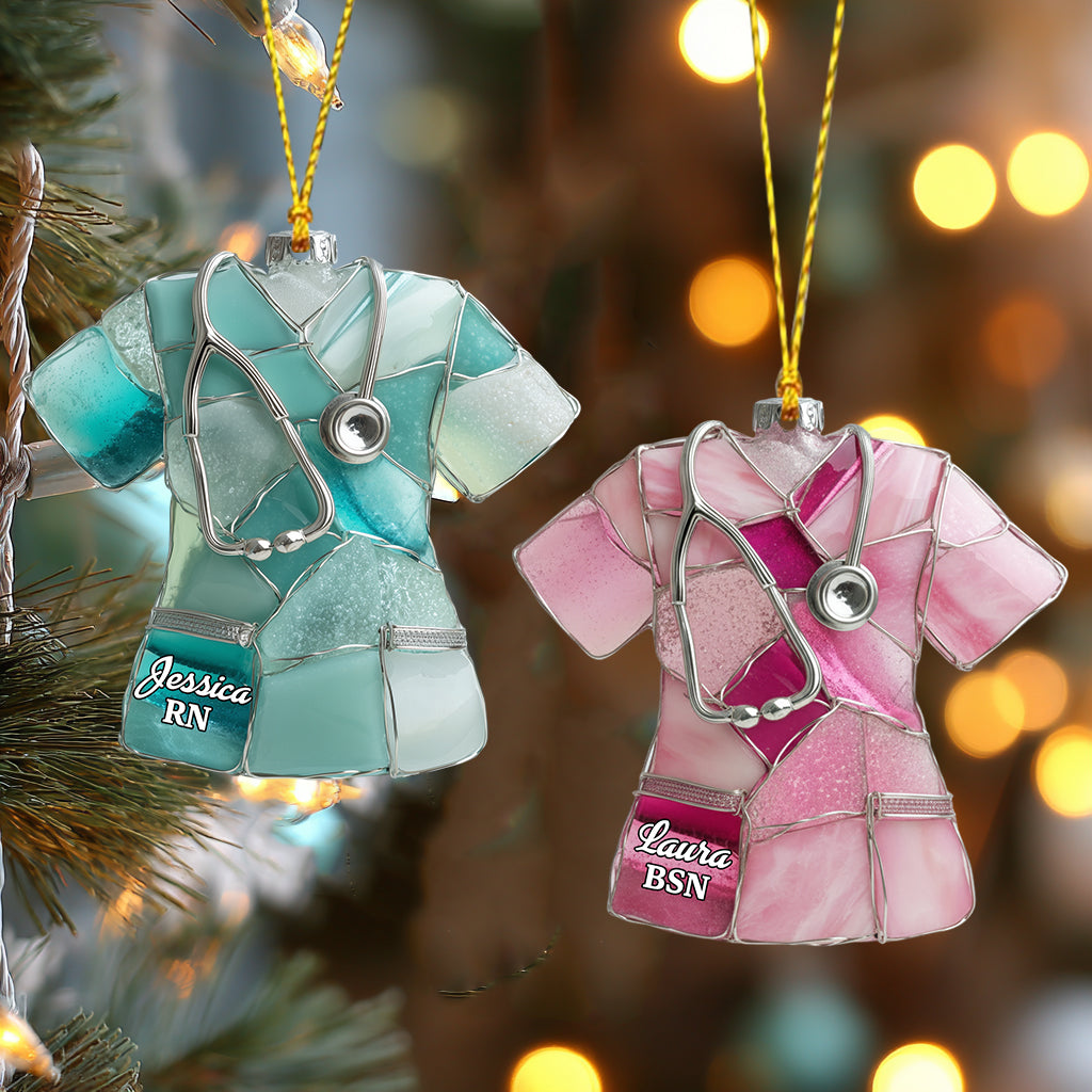 Custom Scrub Tops Sea Glass Effect Acrylic Ornament, Medical Themed Xmas Decor, Gift For Nurse
