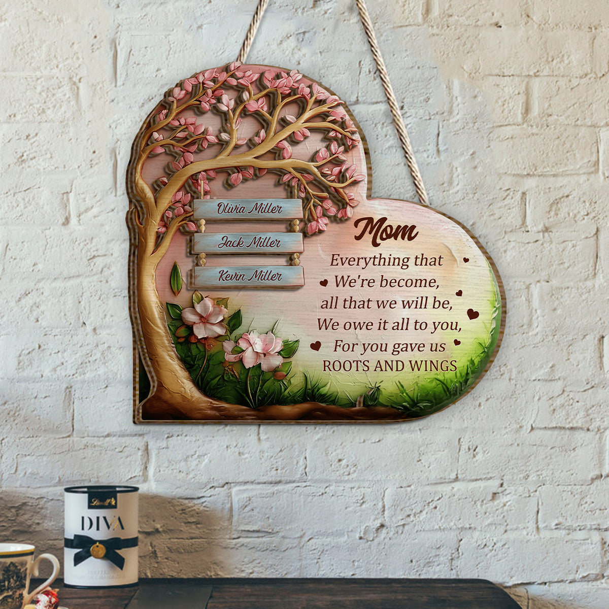 Roots And Wings Wood Sign, Personalize Heart Shape Wooden Plaque, Mothers Day Gifts