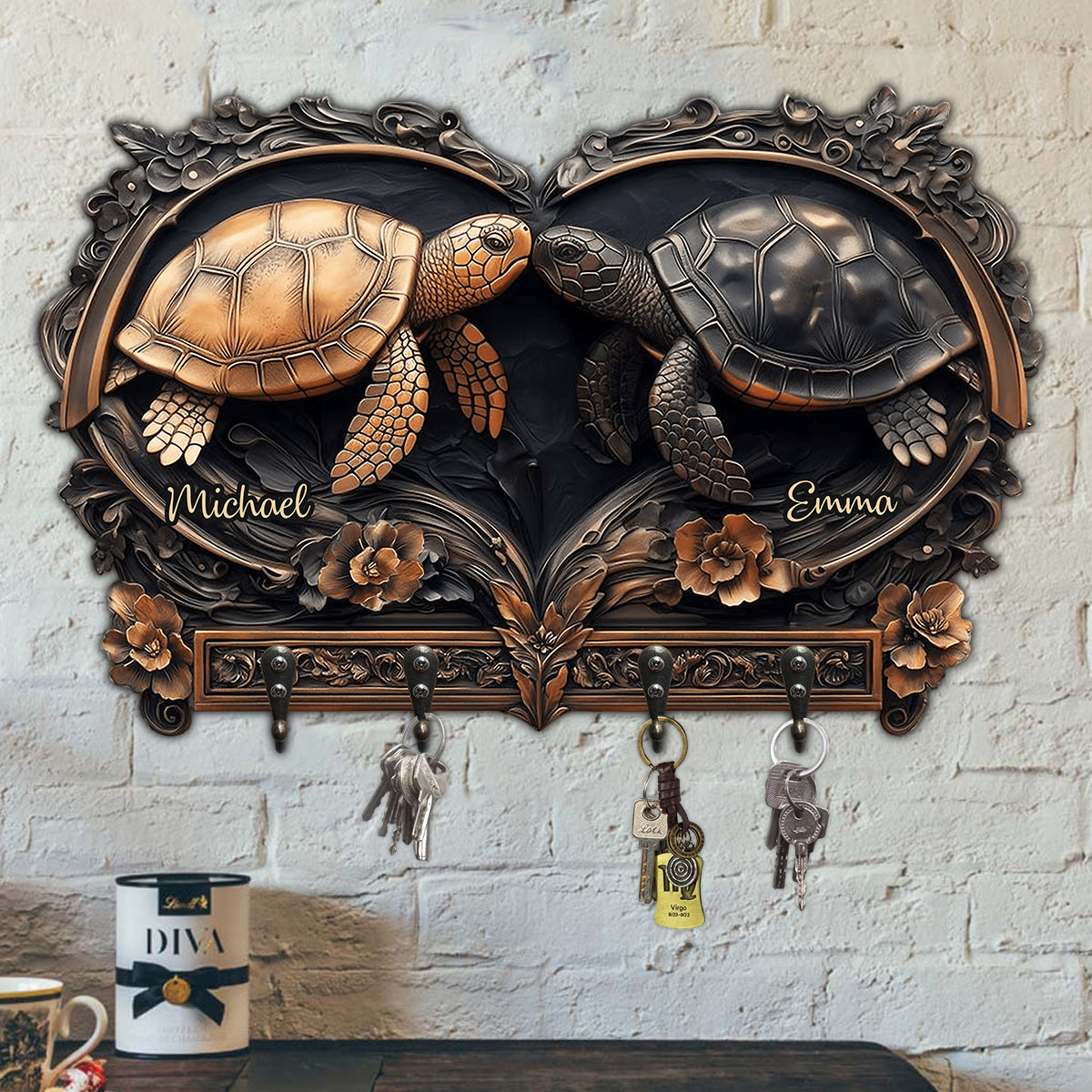 You & Me Personalized Turtle Key Rack, Wall Mount Key Holder, Gift For Couple