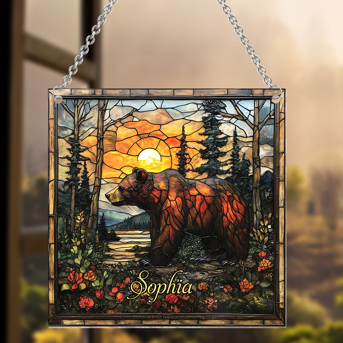 Personalized Forest Bear Window Hanging Suncatcher Ornament, Bear Decor