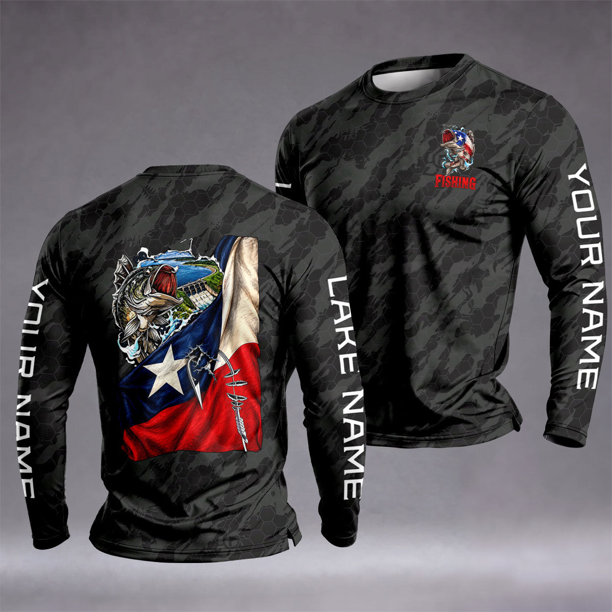 Lake Fork Texas Flag Bass Custom UPF Shirt, Performance Fishing Shirt, Mens Fishing Tee