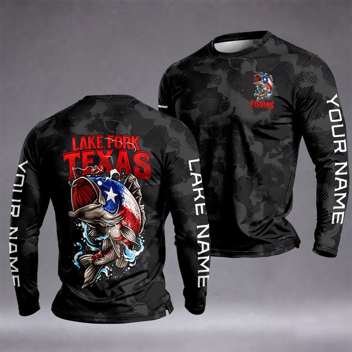 Texas Flag Bass Black Camo Custom UPF Shirt, Long Sleeve Fishing Shirt, Mens Angler Shirt