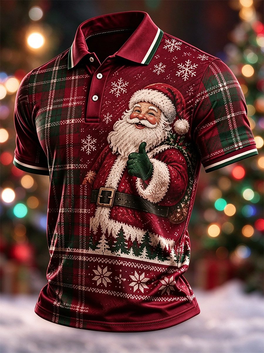 Plaid Santa Claus Fair Isle Christmas Polo Shirt for Men
