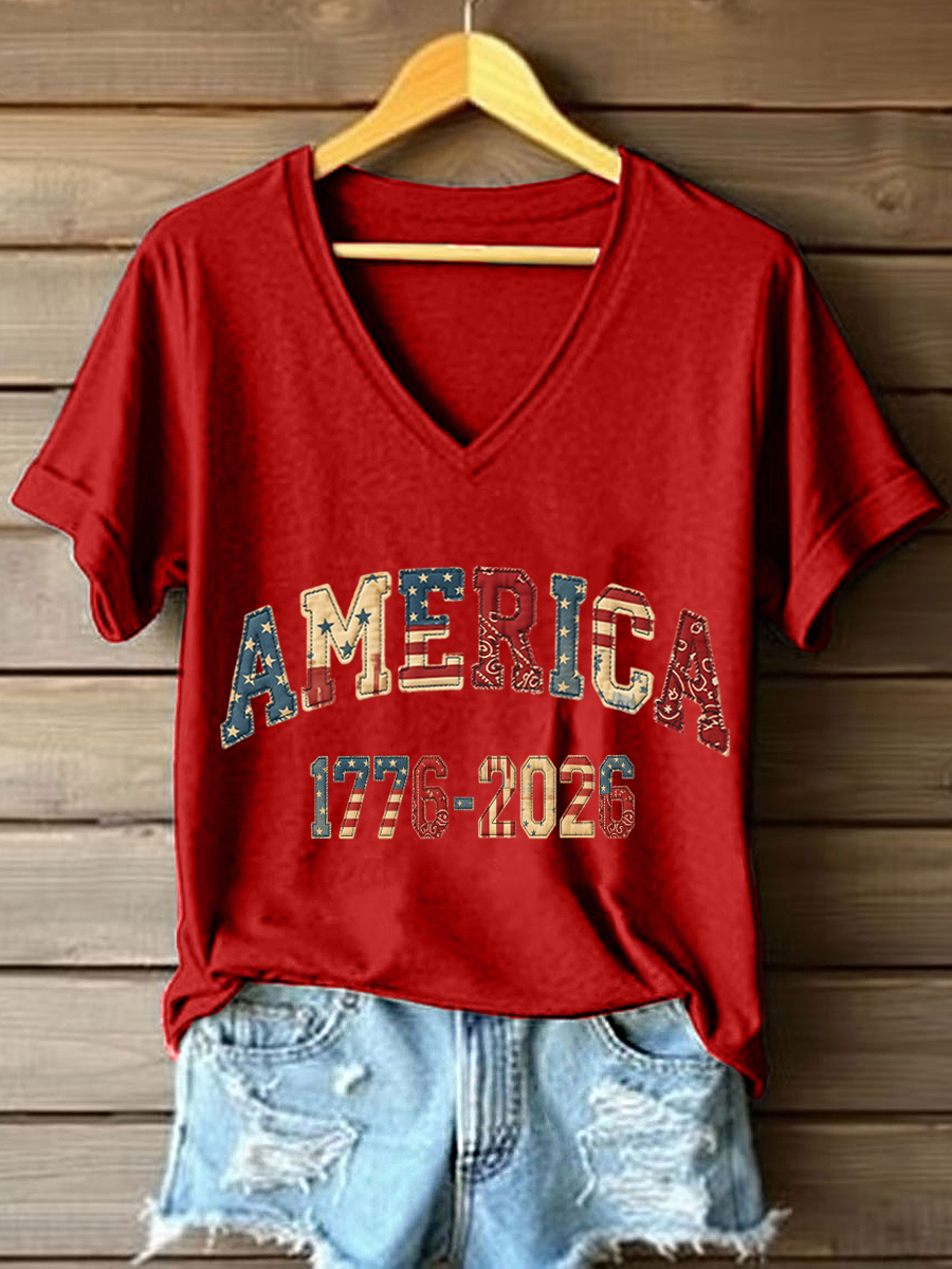 America 1776-2026 Patchwork Pattern V-neck, USA 250th Anniversary Shirt, 4th Of July Patriotic Women Tees