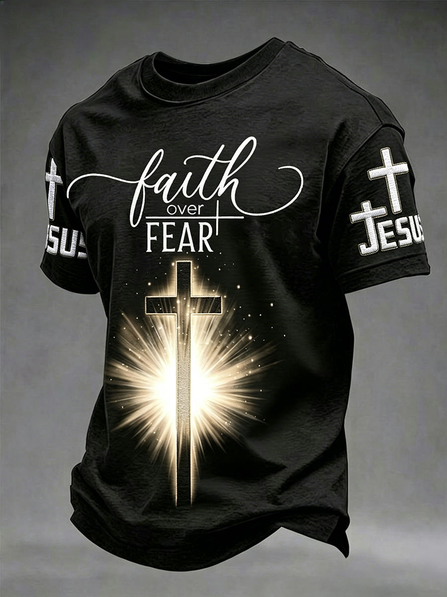 Faith Over Fear Glowing Christian Cross T Shirt Gift For Men