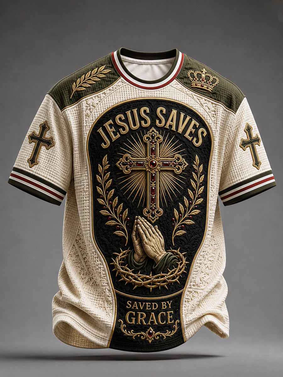 Jesus Saves Saved By Grace Christian Waffle Short Sleeve T Shirt Gift For Men