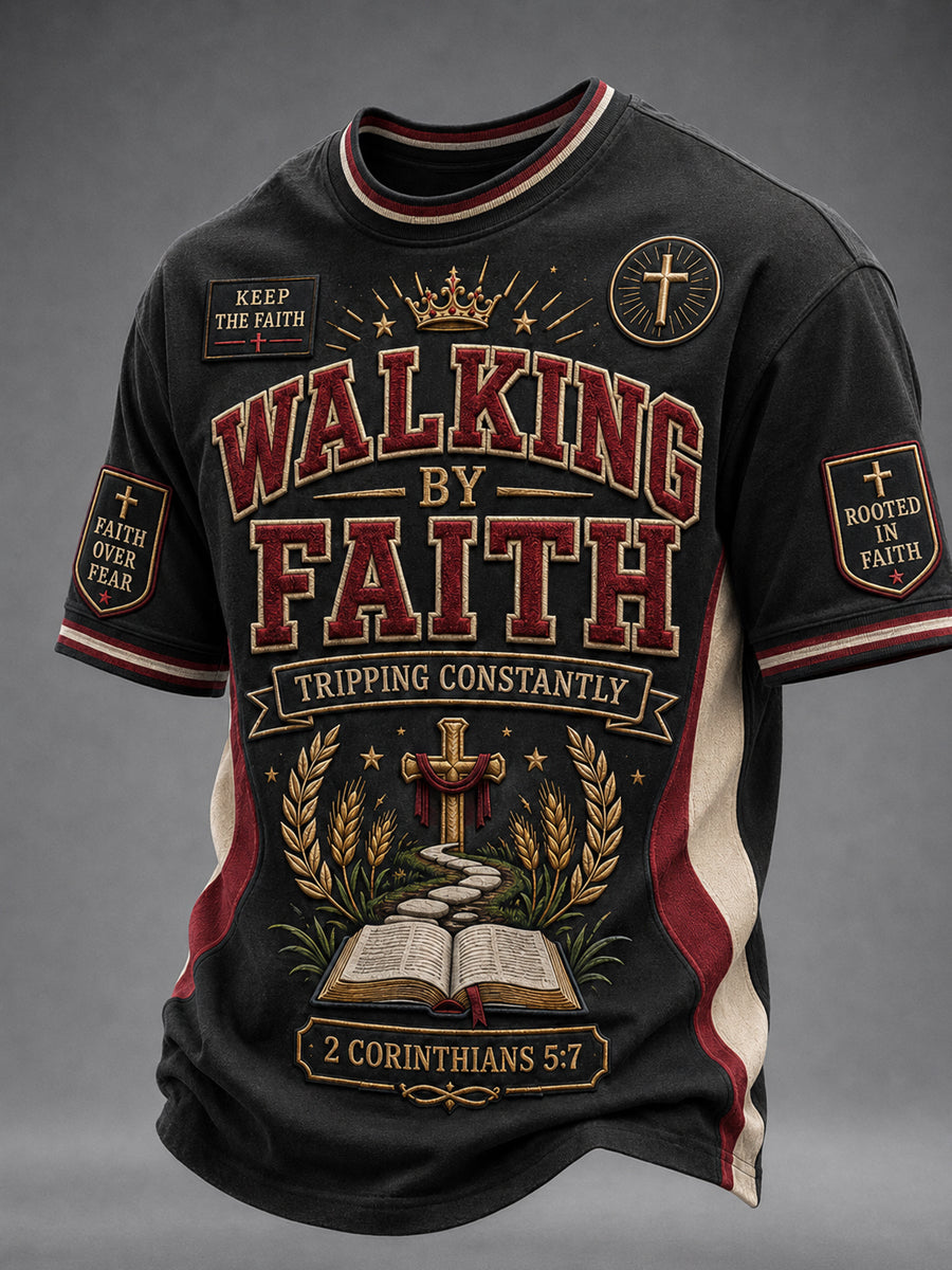 Walking By Faith Tripping Constantly Christian Cross T Shirt Gift For Men