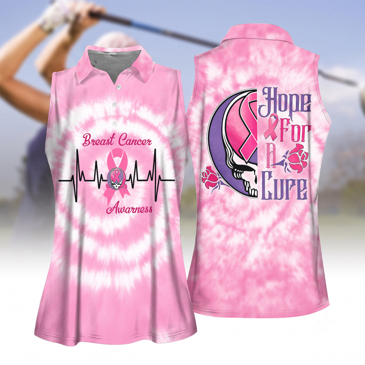 Hope For A Cure Tie Dye Skull Breast Cancer Polo Shirt, Golf Tops For Women, Women’s Golf Apparel