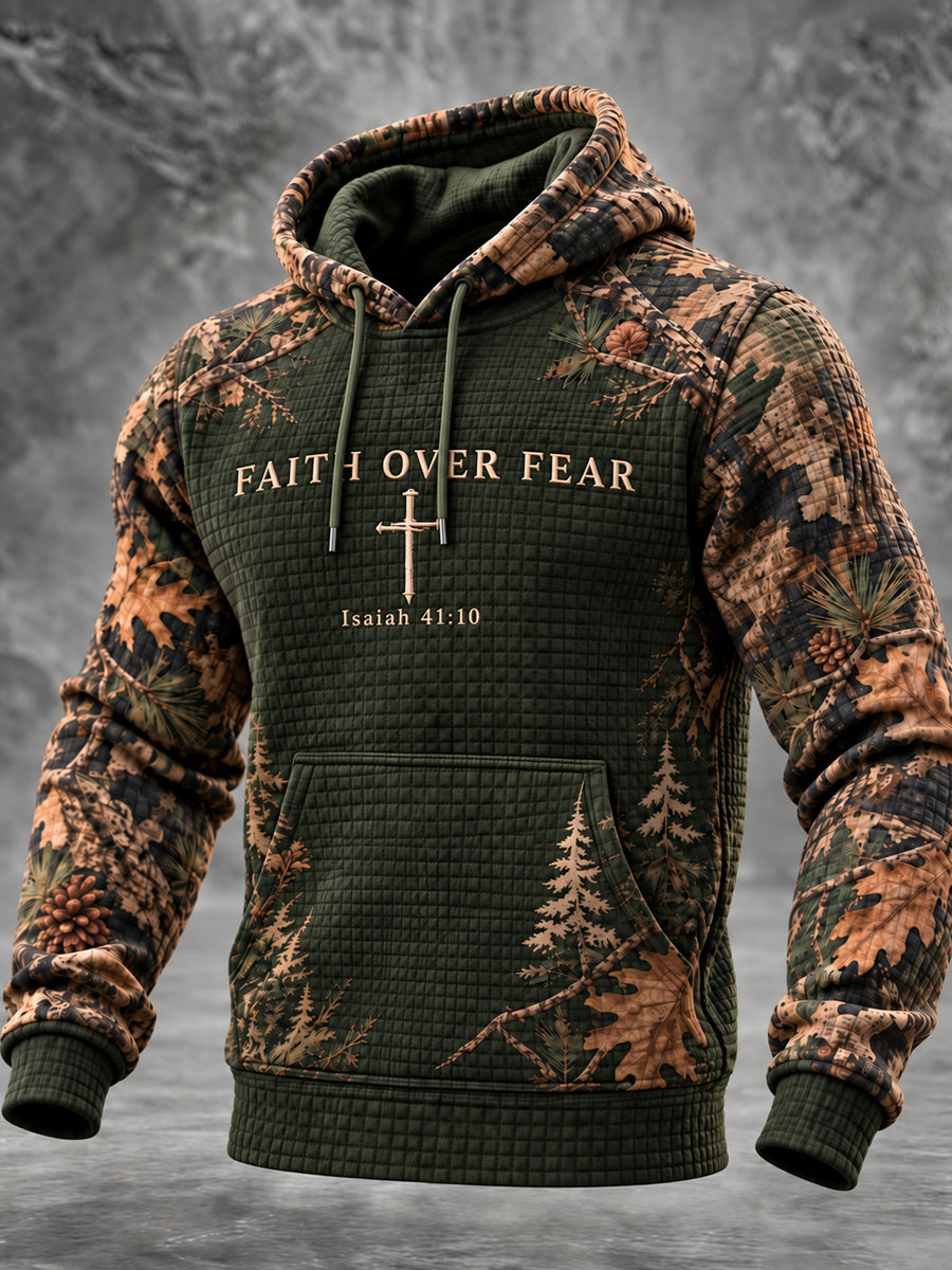 Faith Over Fear Isaiah 41:10 Camo Cross Christian Hoodie for Men