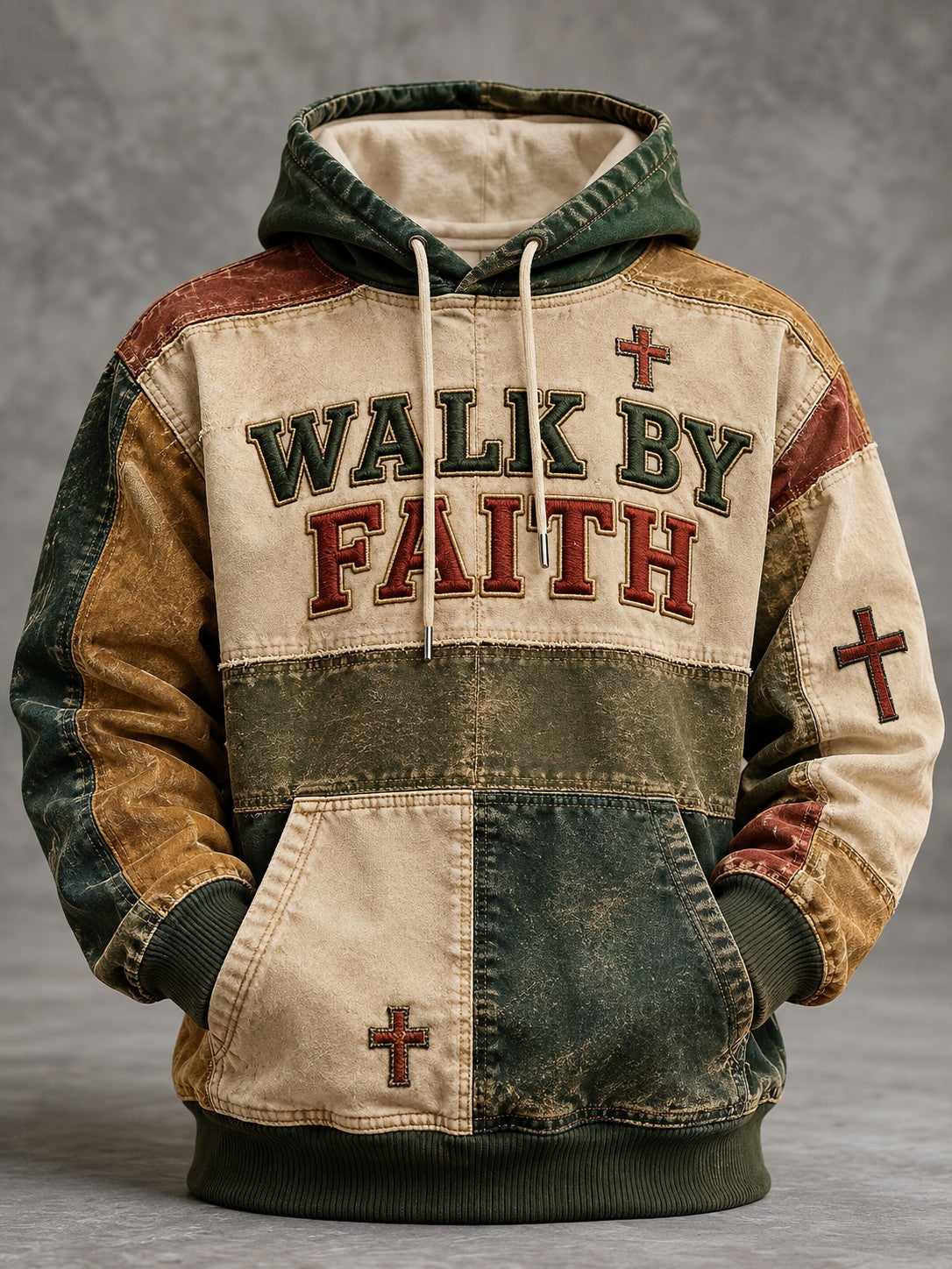 Walk by Faith Cross Patchwork Print Christian Hoodie for Men