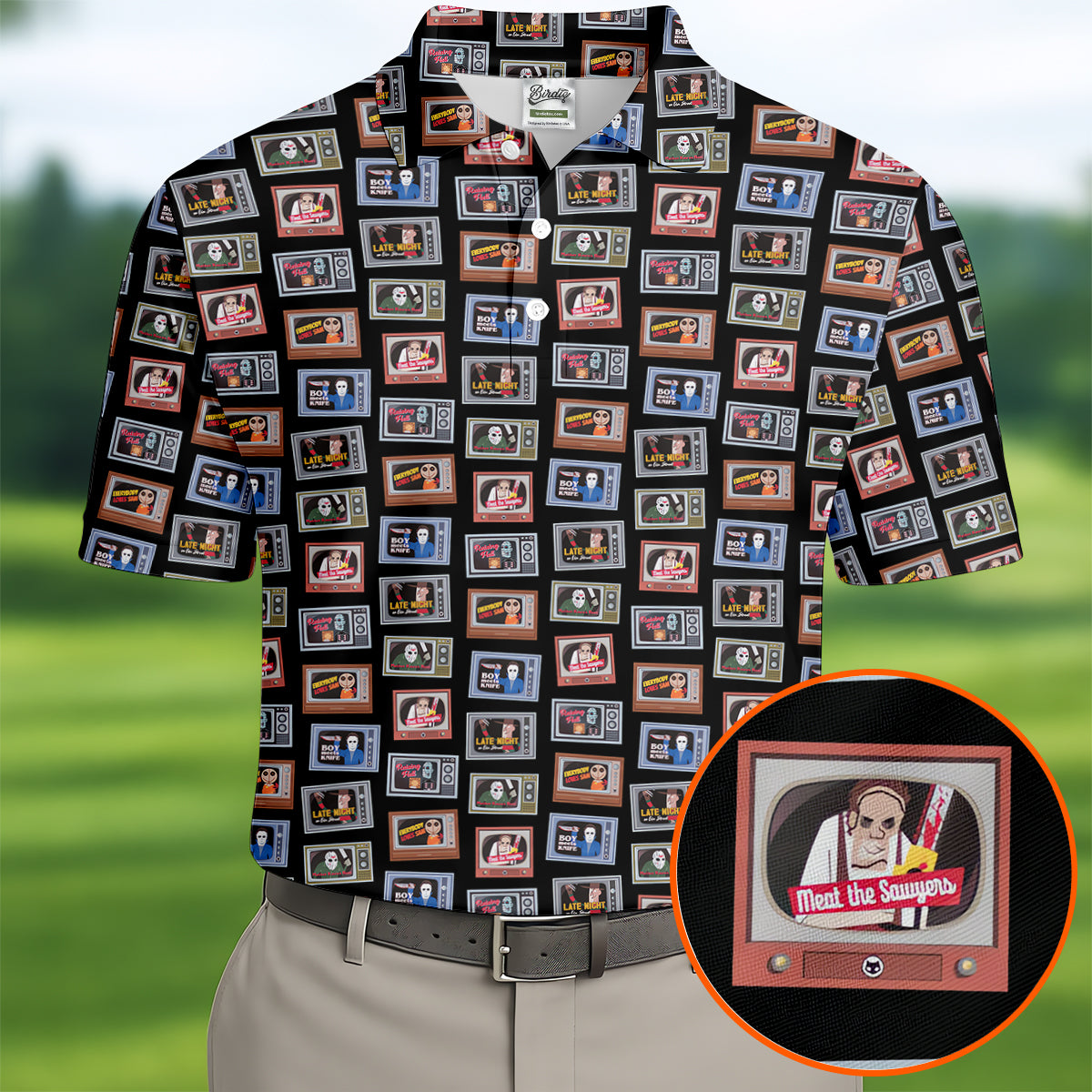 Horror Characters On Vintage TVs Halloween Polo Shirt, Mens Golf Polo, Polo Shirts For Men