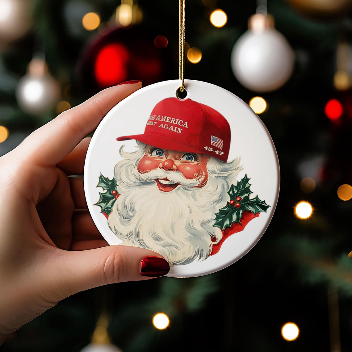 Trump2024 Vintage Santa Claus Ornament, Funny Christmas Ceramic Ornament