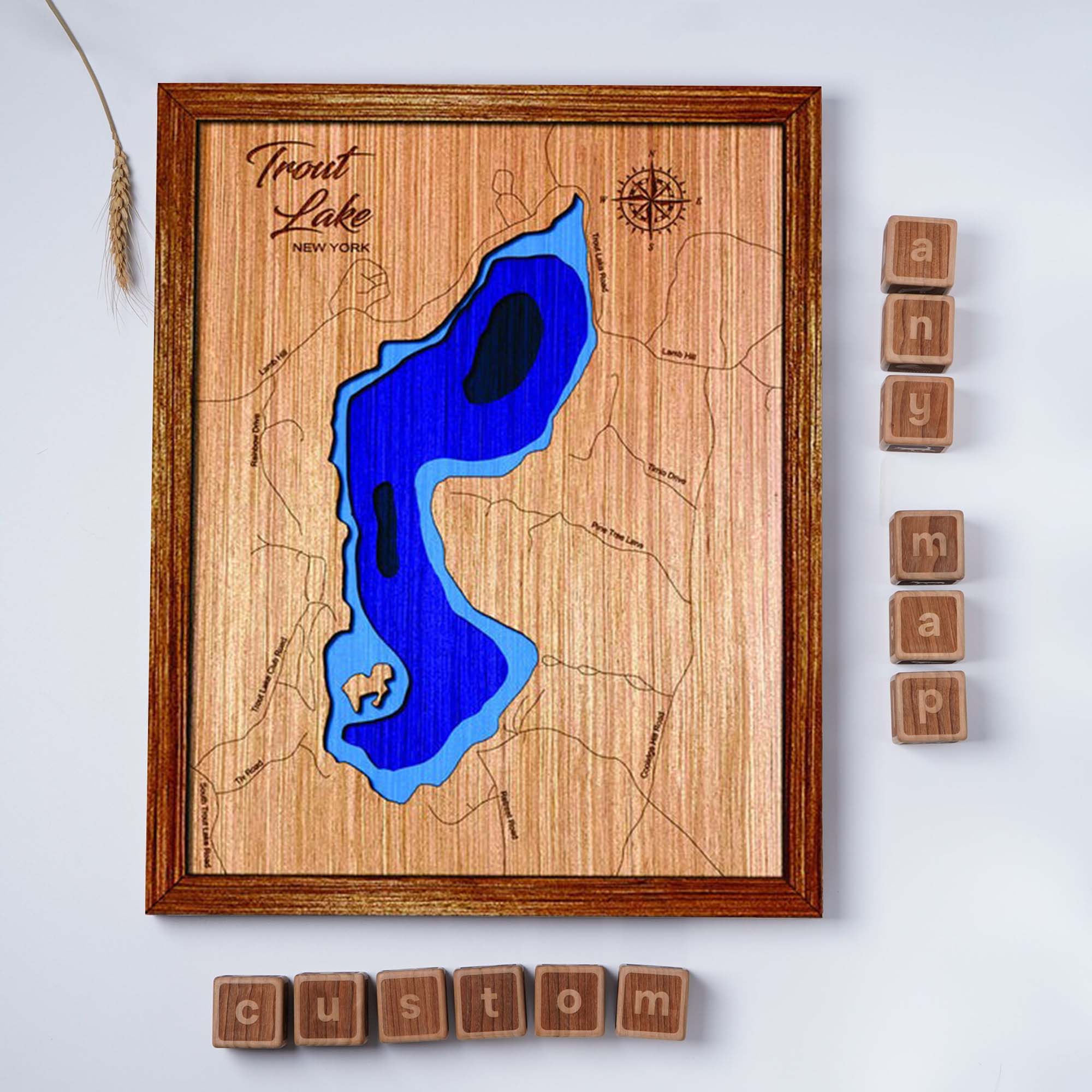 Custom Trout Lake New York Topographical Map, 3D Lake Map, Lake House Decor