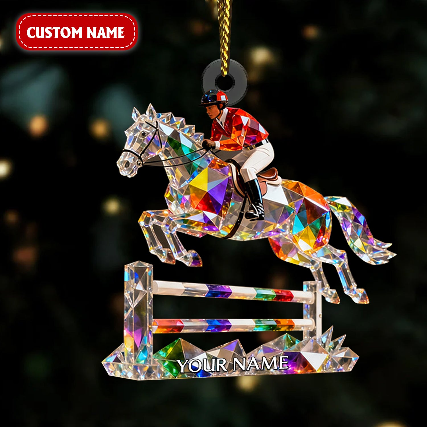Horse Hurdles Custom Name Stained Glass Effect Acrylic Christmas Ornament, Xmas Decor, Horse Racing Gifts