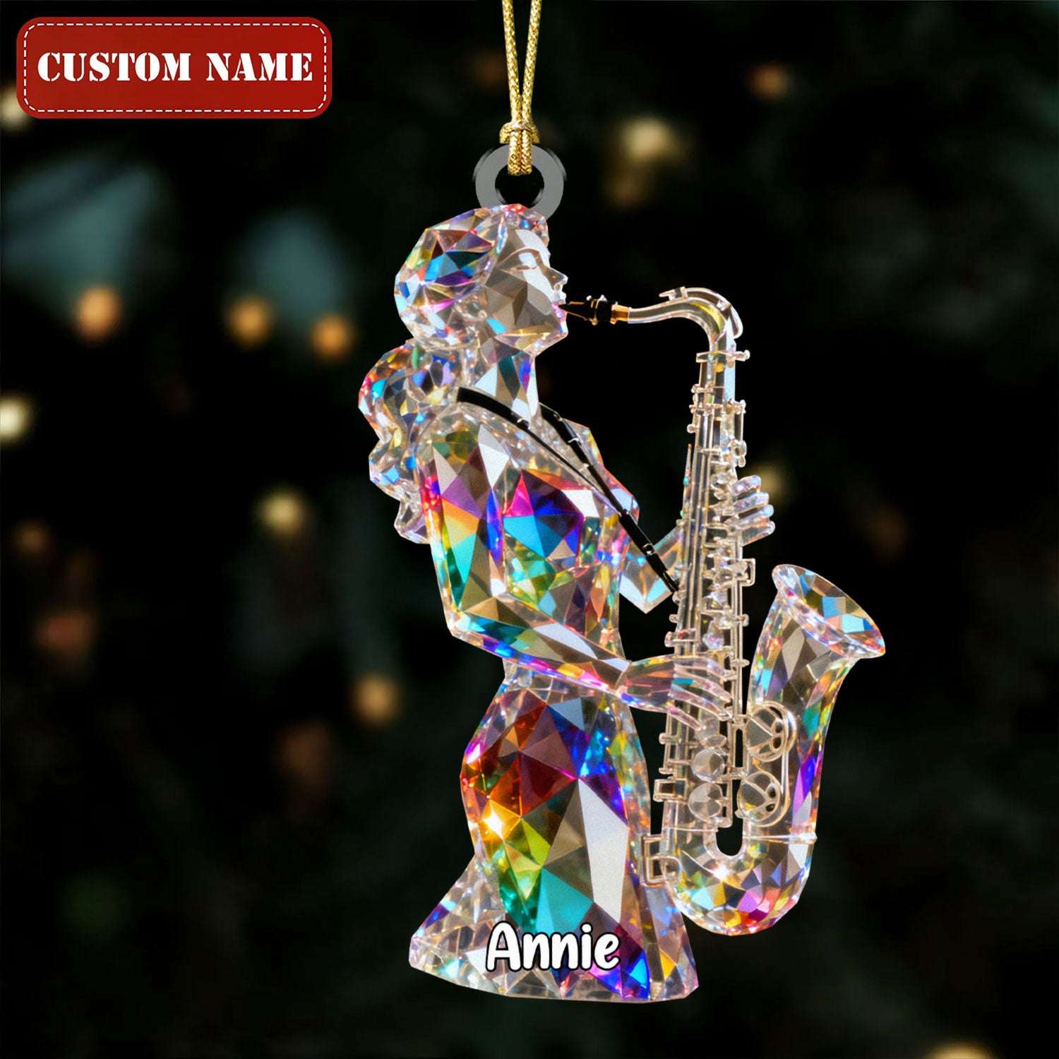 Custom Name Female Saxophonist Stained Glass Effect Acrylic Christmas Ornament, Musician Gift