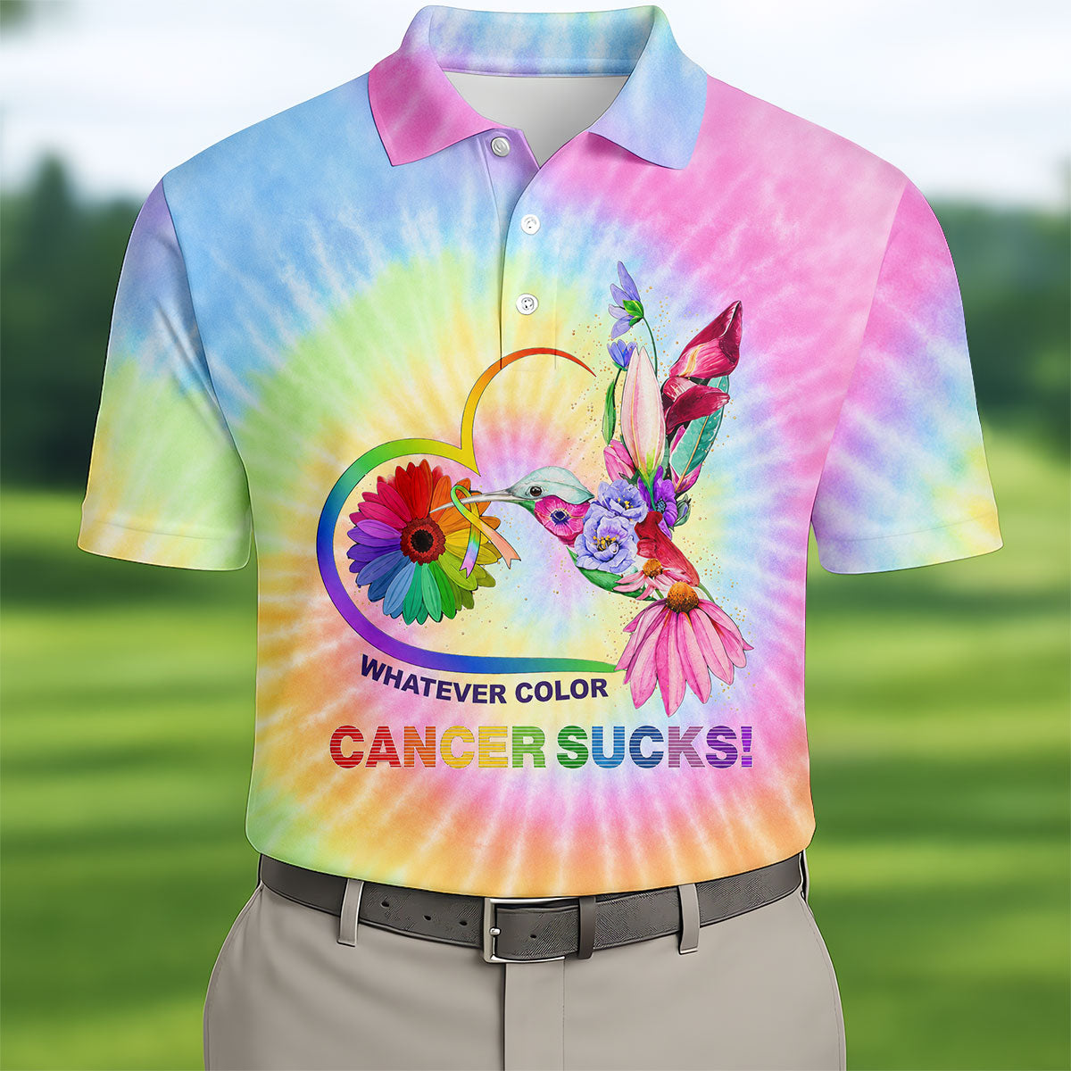 Whatever Color Cancer Sucks Hummingbird Polo Shirt, Mens Golf Polo, Printed Golf Shirts