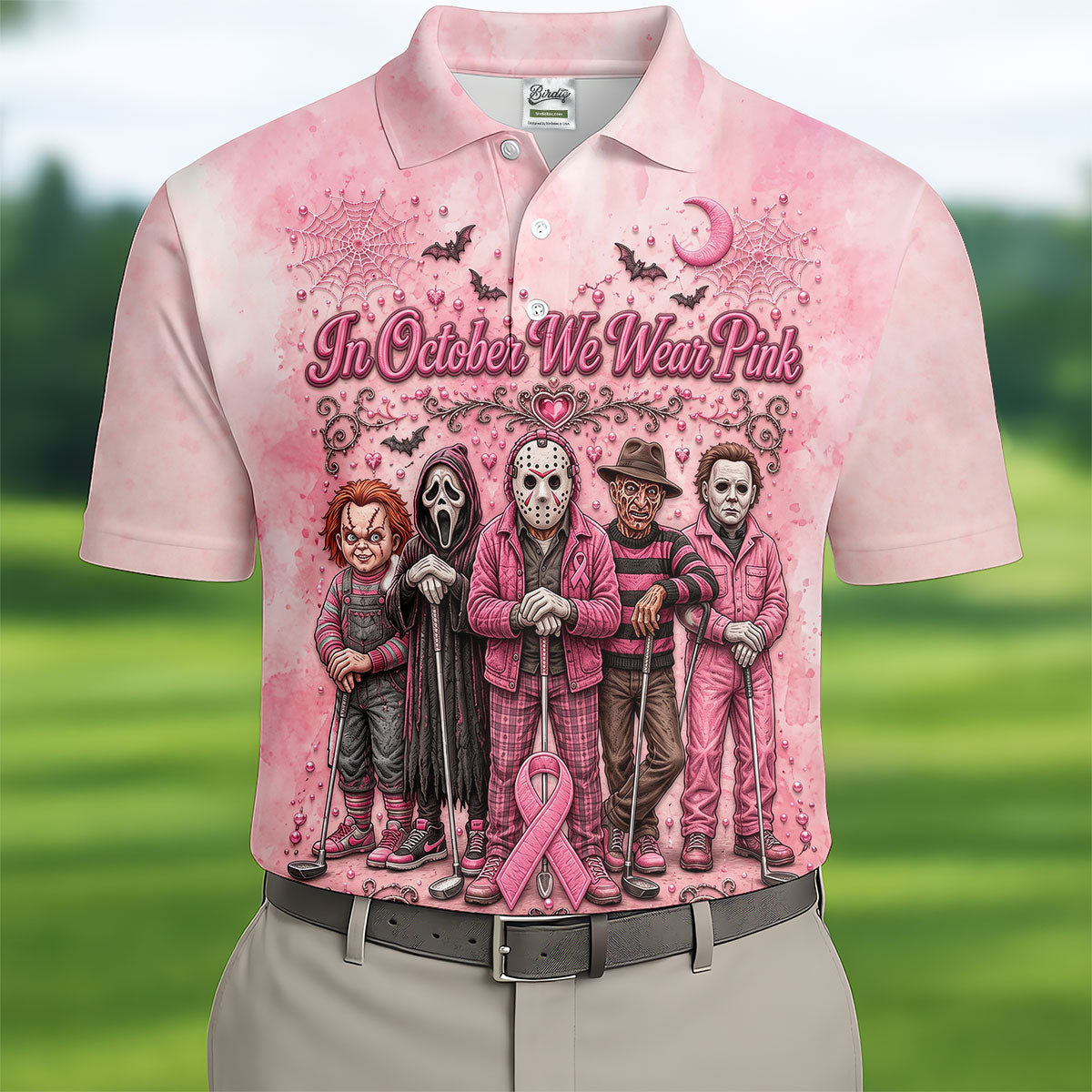 In October We Wear Pink Breast Cancer Horror Characters Golf Polo, Polo Shirts For Men