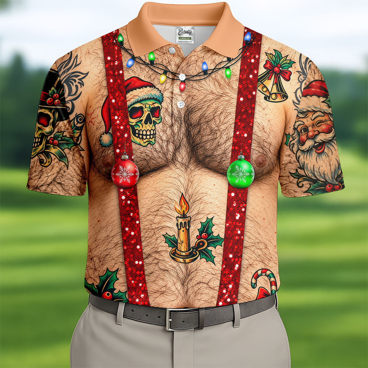 Santa Skull Hairy Chest Christmas Golf Shirt, Mens Golf Polo, Golf Shirts For Men