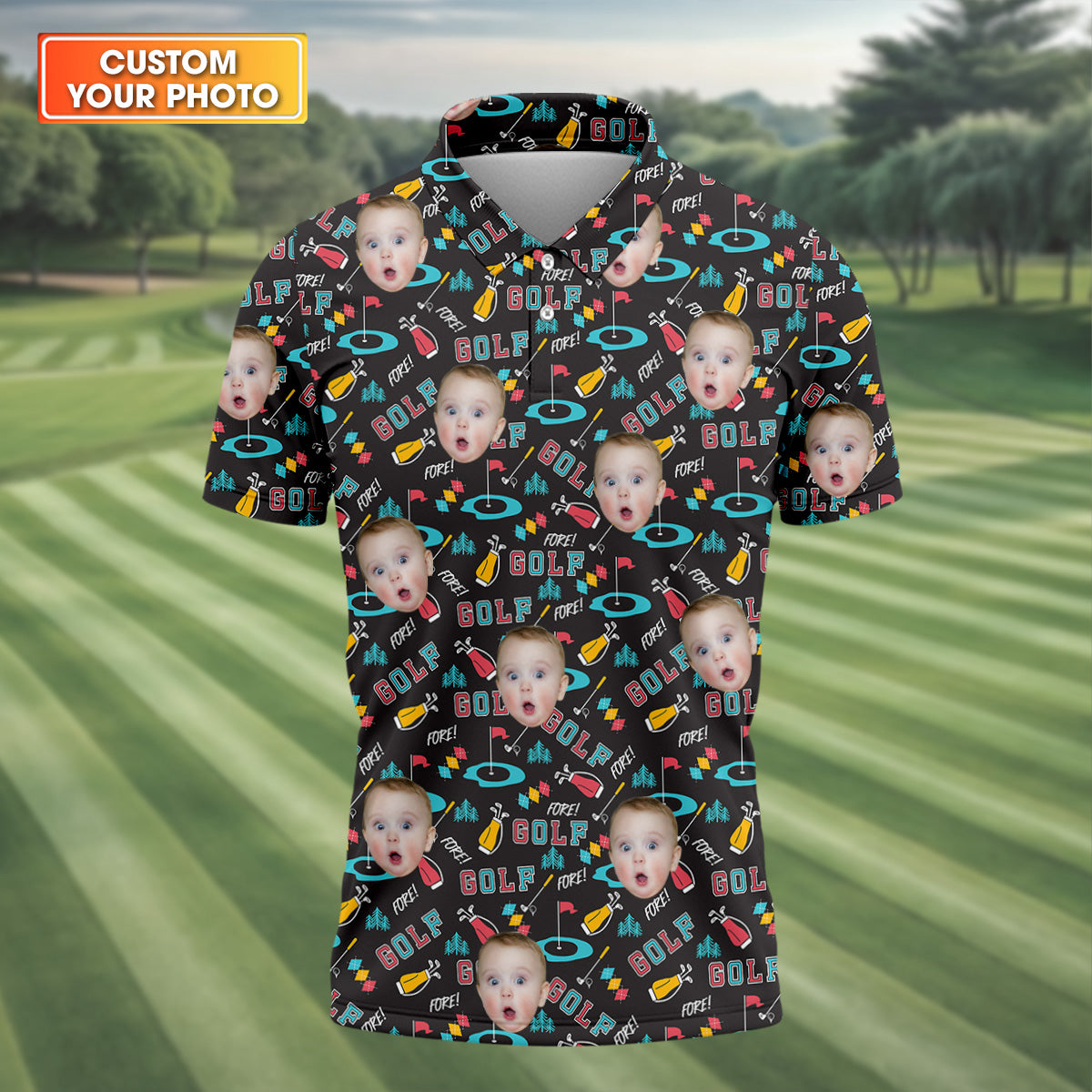 Custom Face Golf Shirt, Black Funny Golf Polo Shirt, Golf Gift For Dad
