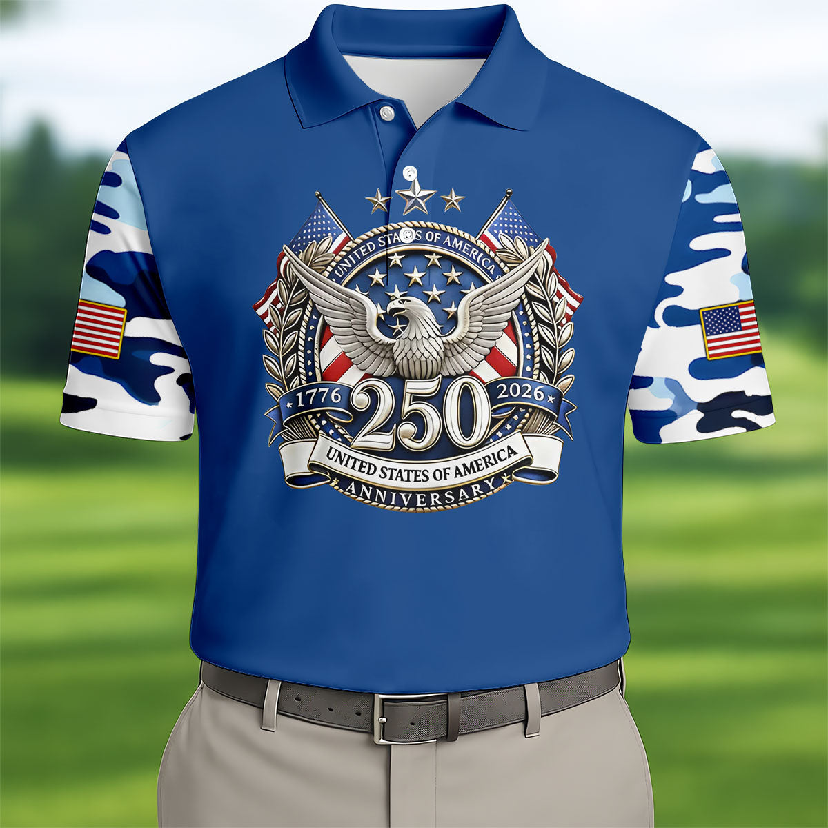 Patriotic Bald Eagle Blue And White Camo Blue Golf Shirt, 250th Anniversary Golf Shirts For Men