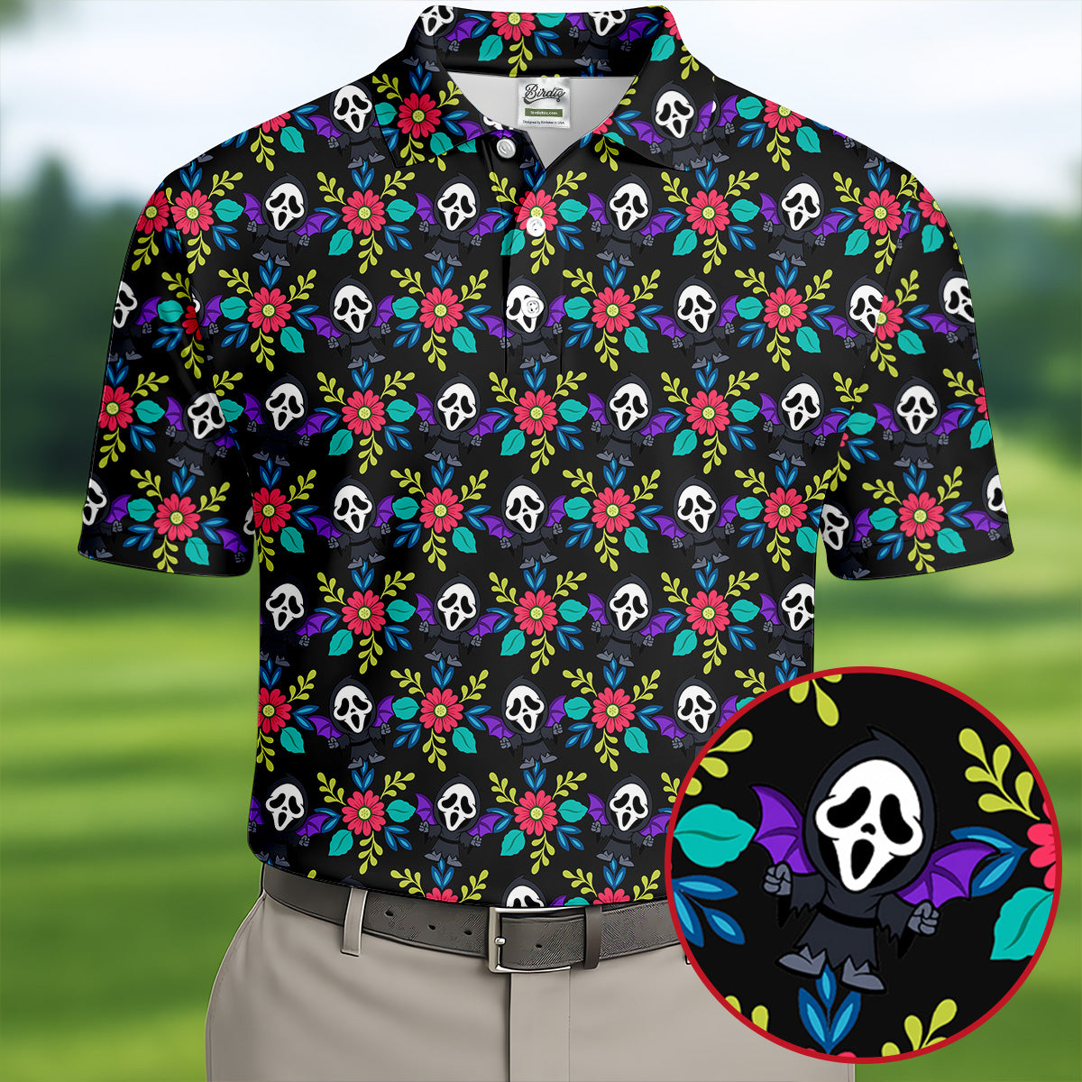 Floral Horror Character Halloween Polo Shirt, Halloween Shirts For Men, Mens Golf Polo