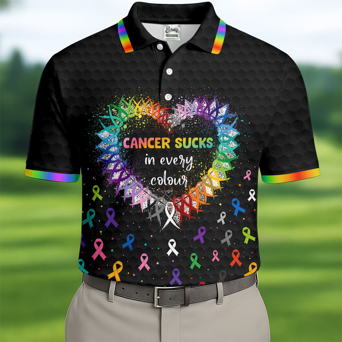 Cancer Sucks In Every Colour Awareness Ribbon Golf Polo Shirt, Mens Golf Apparel