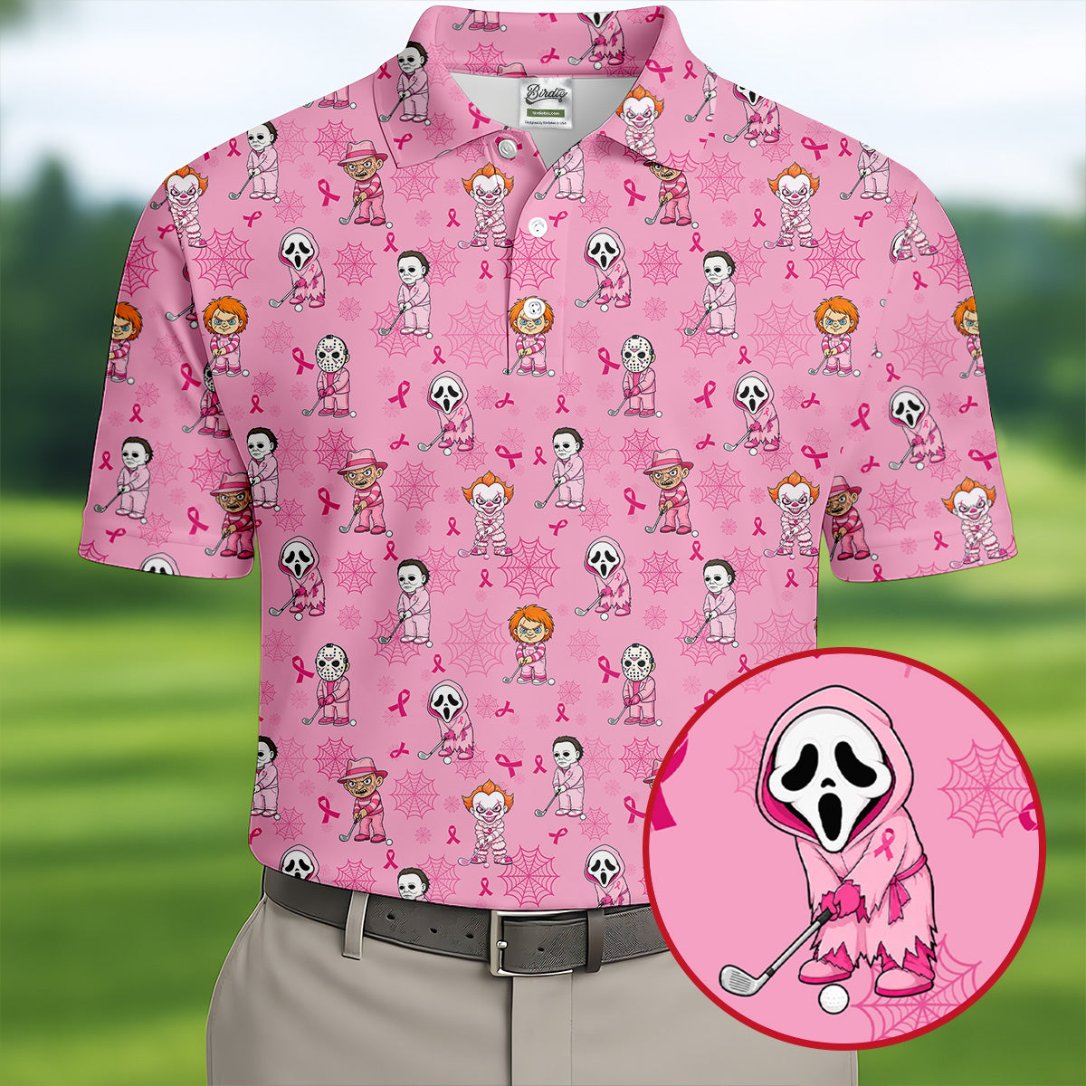 Pink Halloween Horror Breast Cancer Polo Shirt, Golf Shirts For Men, Mens Golf Shirts
