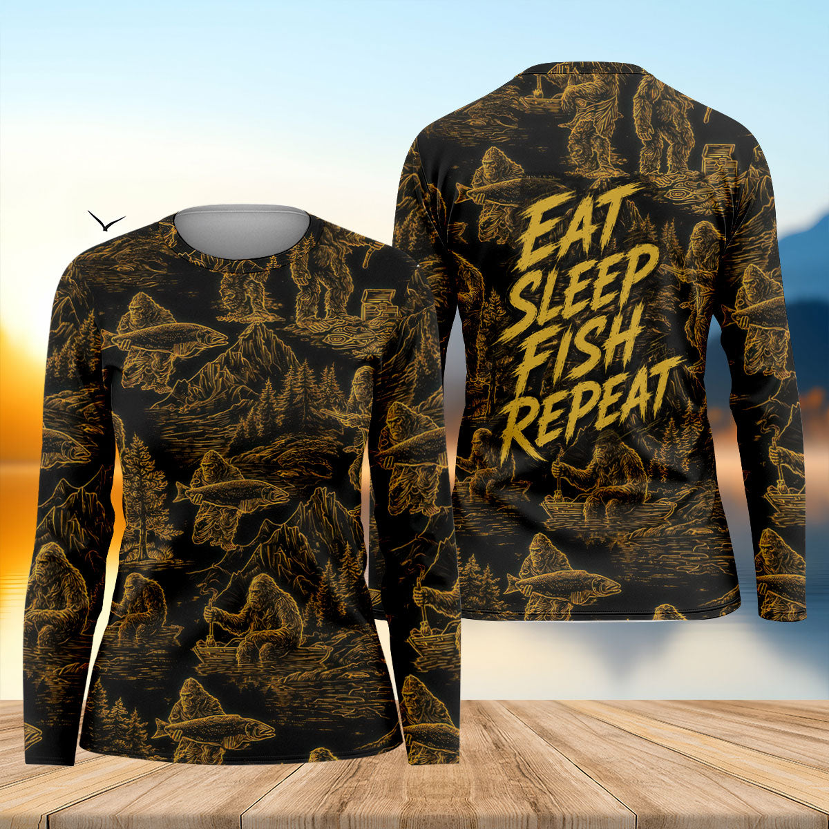 Eat Sleep Fish Repeat Bigfoot Pattern UPF Shirt, Fishing Apparel For Women, Fishing Shirt