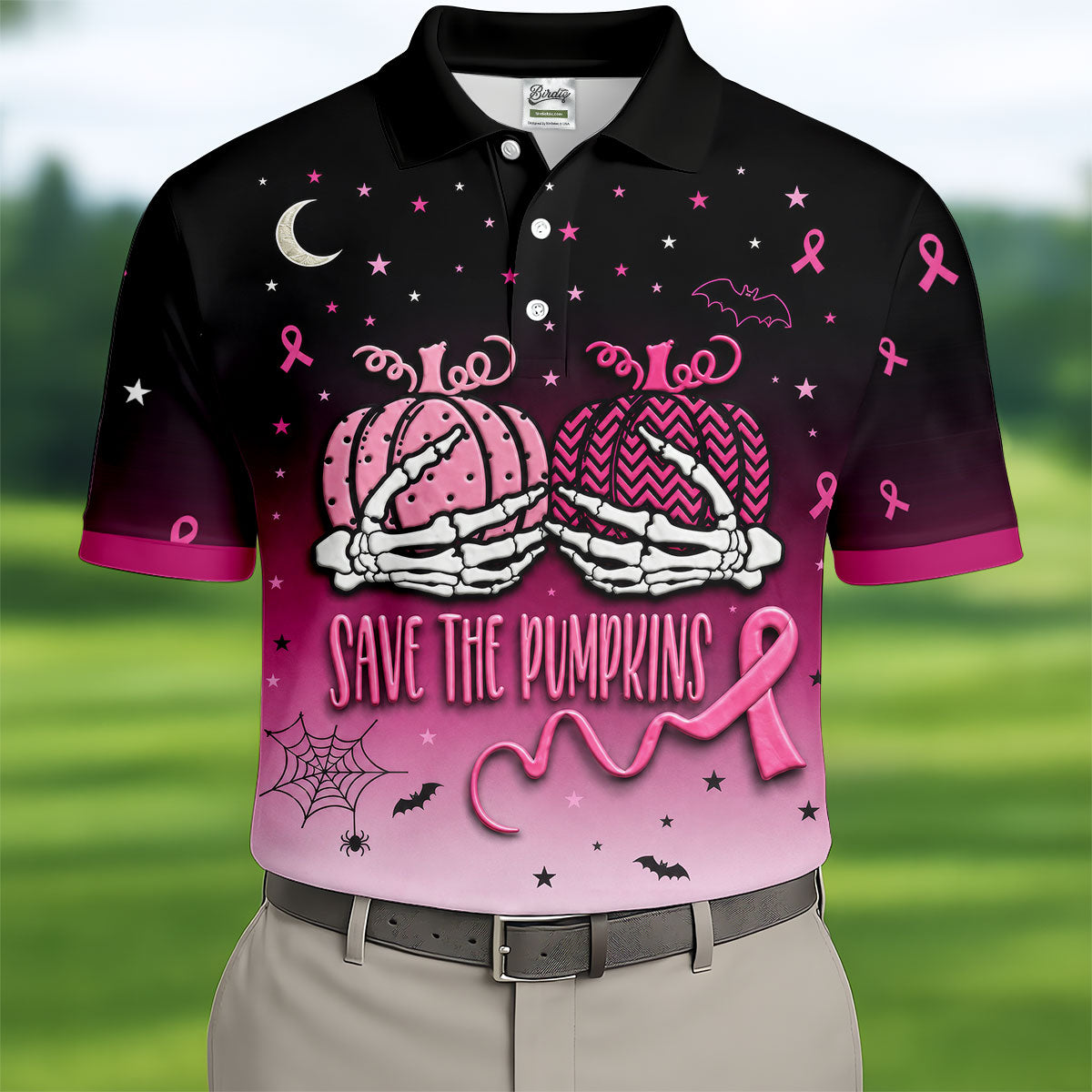 Save The Pumpkins Halloween Breast Cancer Golf Polo Shirt, Golf Apparel For Men