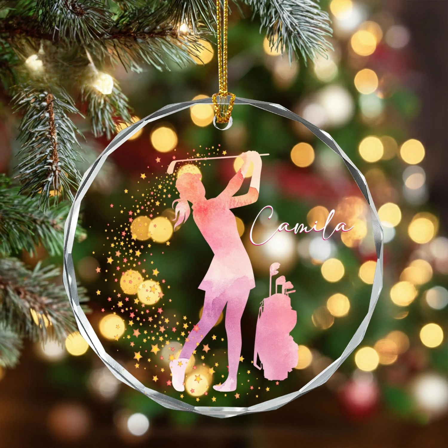 Custom Name Golf Pose Glass Ornament, Glass Christmas Ornament, Christmas Golf Gift