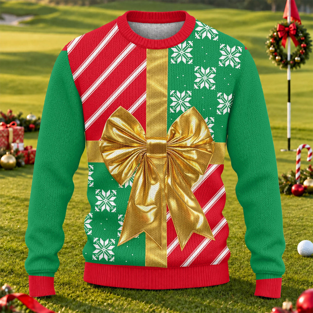 Gold Bow Gift Wrap Ugly Christmas Sweater, Funny Christmas Sweaters, Christmas Gifts