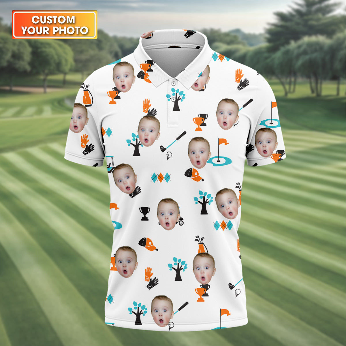 Custom Photo Golf Shirt, White Funny Golf Polo Shirt, Dad Golf Gift