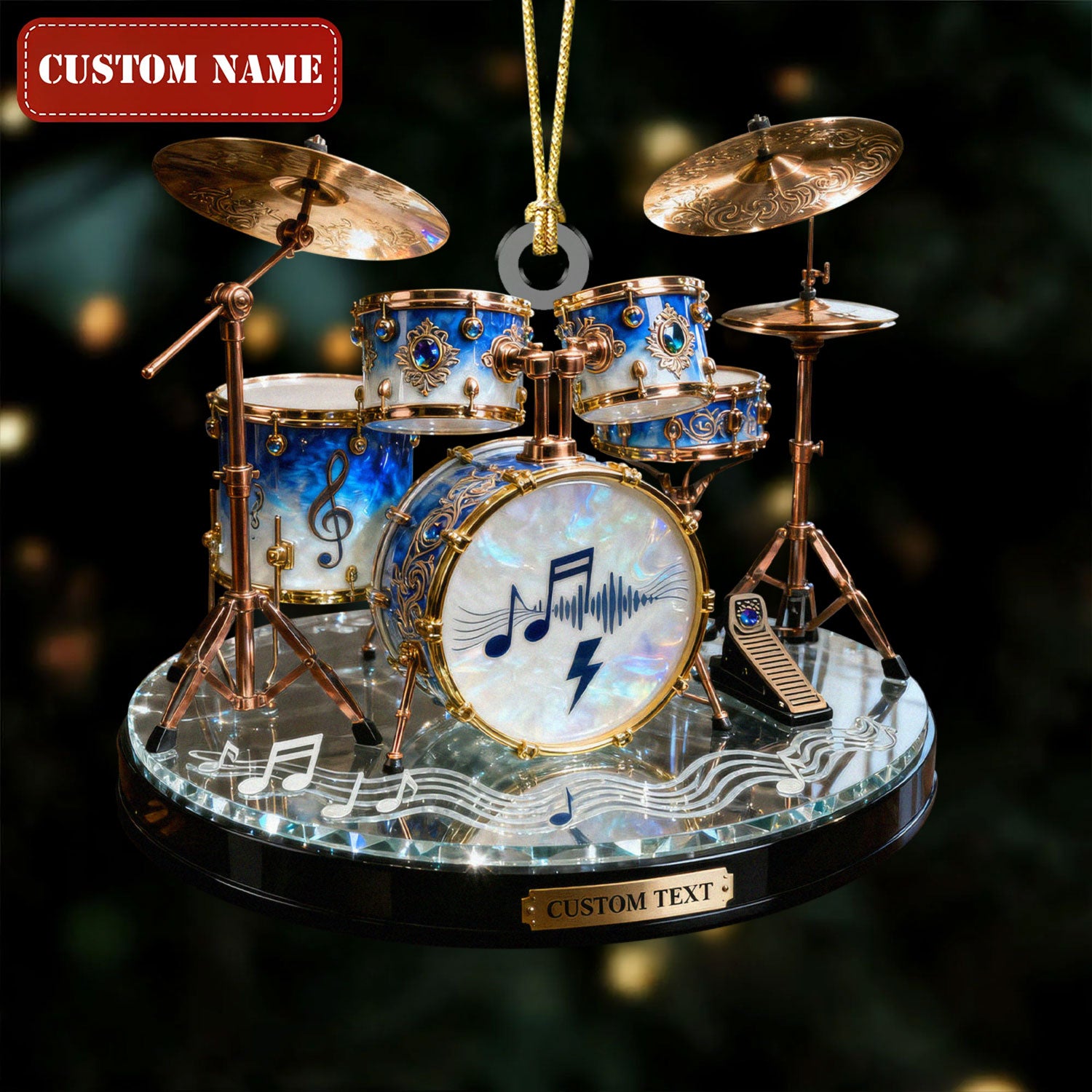 Luxury Crystal Drum Kit Custom Name Stained Glass Effect Acrylic Christmas Ornament, Gift For Musicians