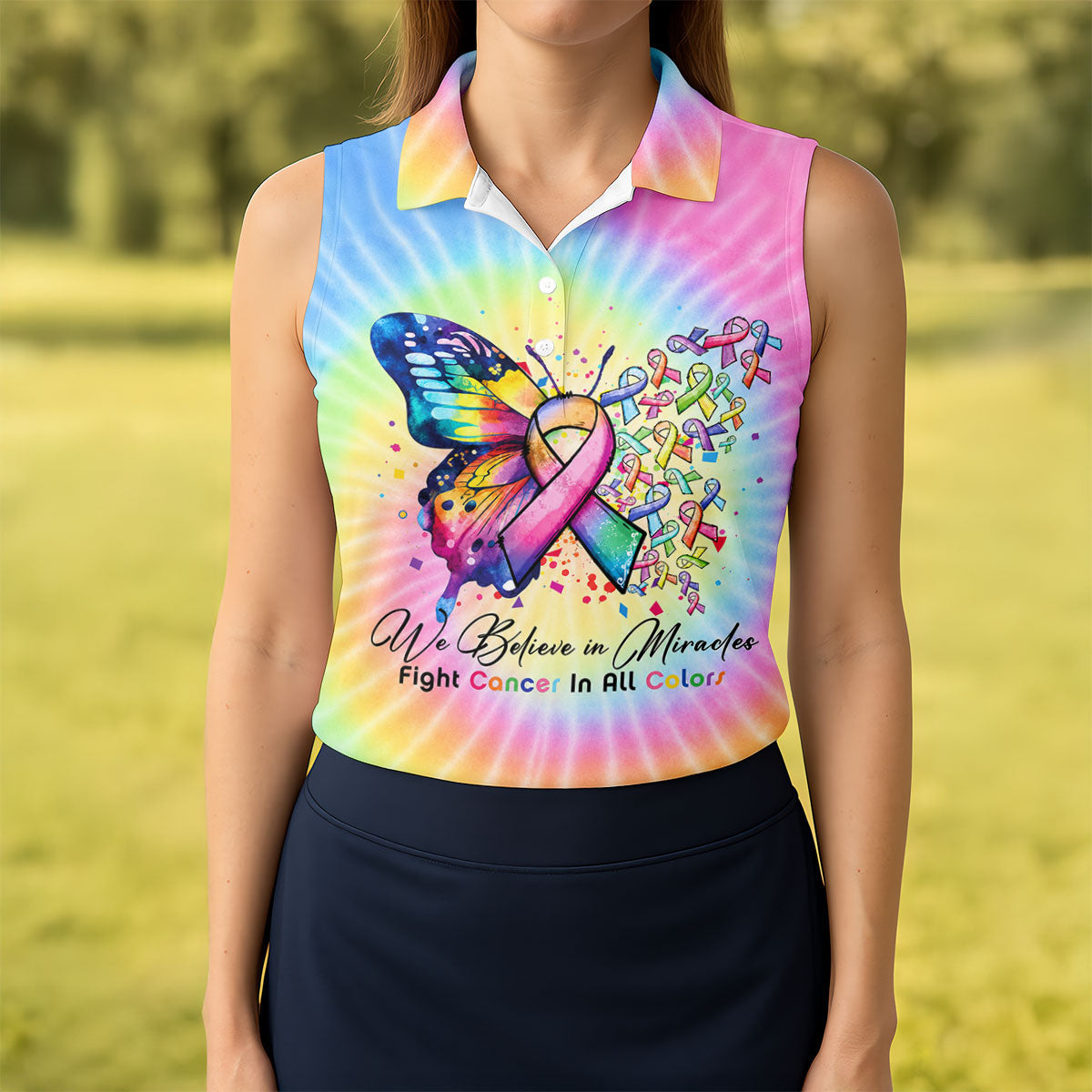 We Believe In Miracles Cancer Ribbon Polo Shirt, Women's Golf Polo, Golf Tops For Women
