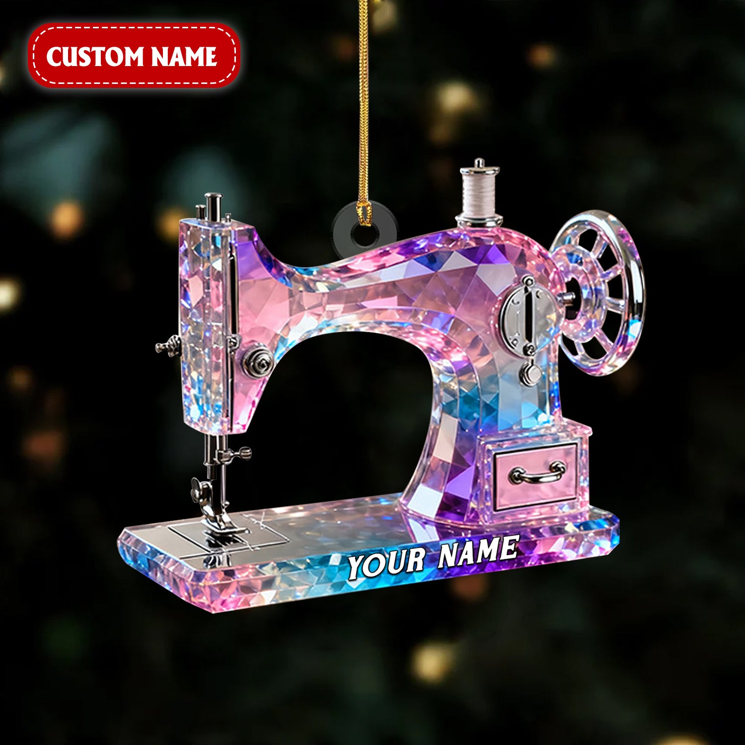 Pink And Purple Sewing Machine Custom Name Stained Glass Effect Acrylic Ornament, Gift For A Tailor