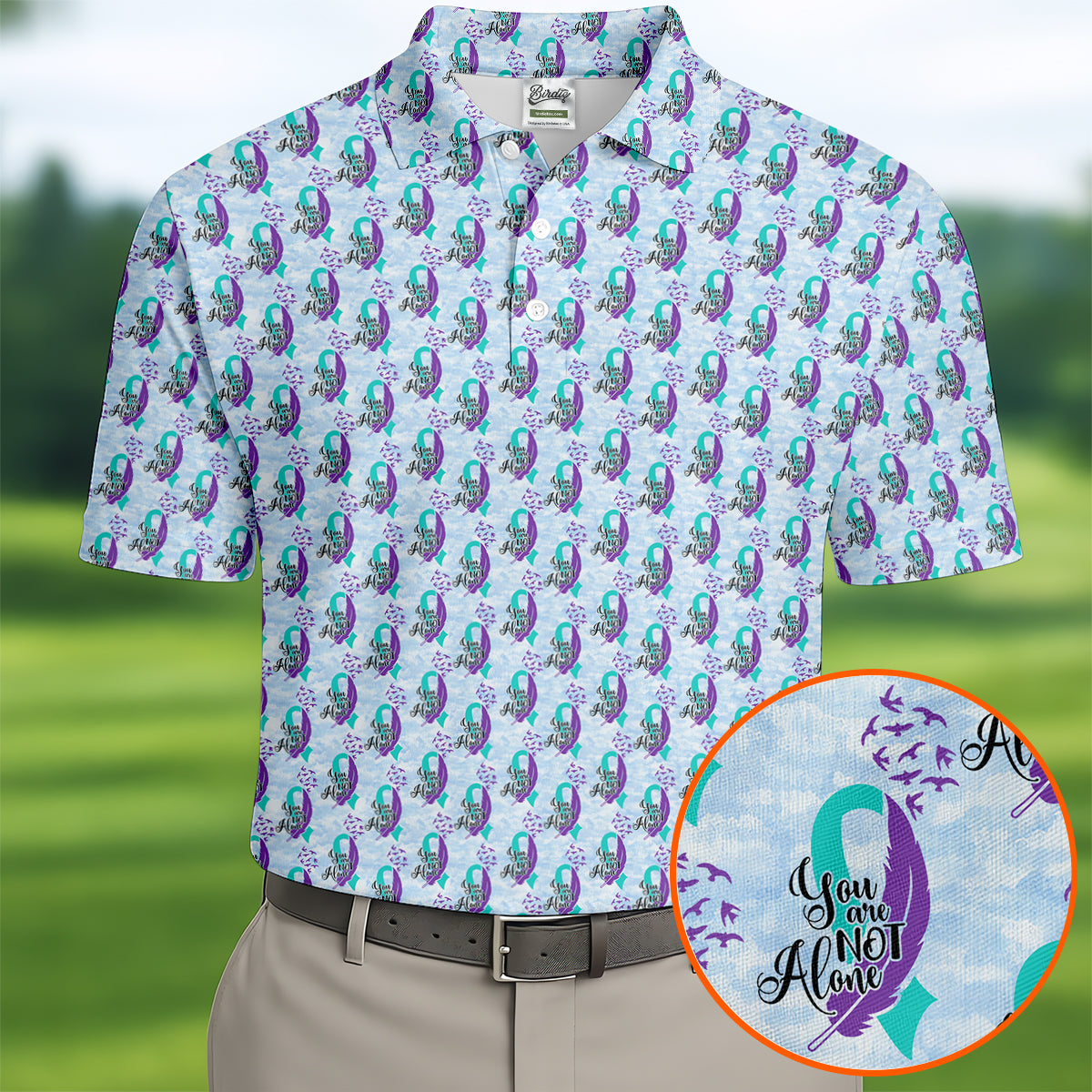 You Are Not Alone Suicide Awareness Ribbon Pattern Mens Golf Polo, Mens Golf Polo
