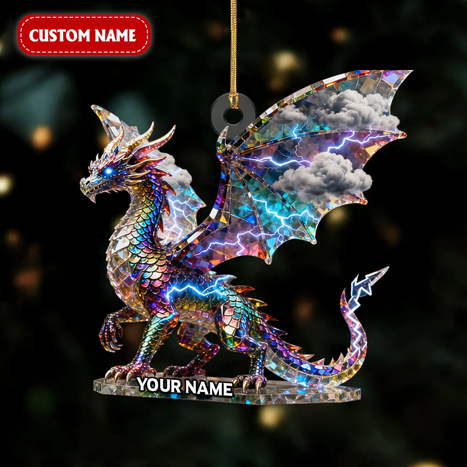 Lightning Dragon Crystal Effect Acrylic Ornament, Dragon Lover Christmas Present Ideas, Xmas Fantasy Decor
