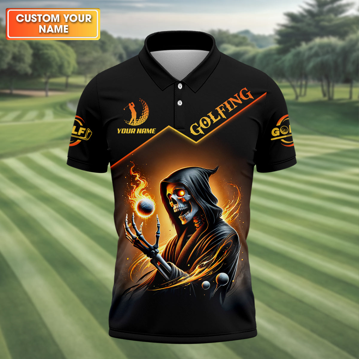 Skull Fire Golf Custom Men's Polo Shirt, Funny Golf Shirt, Golf Gift For Dad
