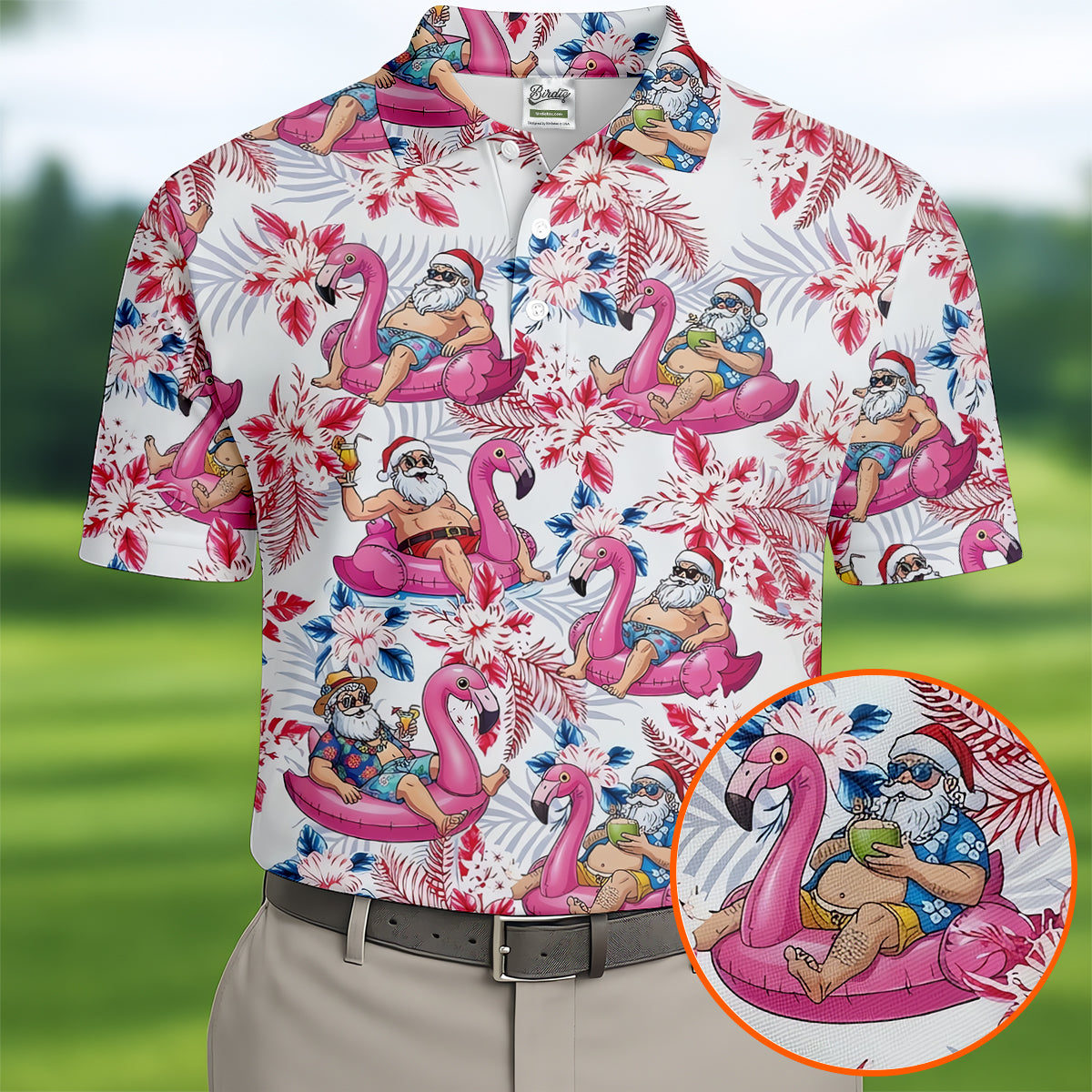 Funny Tropical Santa Flamingo Christmas Polo Shirt, Mens Golf Polo, Hawaiian Golf Shirt