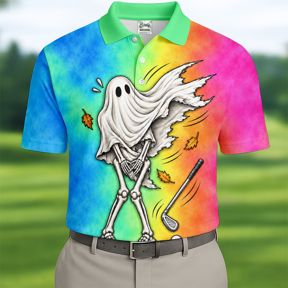 Windy Skeleton Ghost Golf Polo Shirt, Halloween Shirts For Men, Golf Polo Shirts For Men